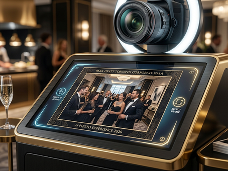 A professional smiling next to a premium DMA AI photo booth at a Toronto gala, featuring a branded digital overlay on the screen as part of a luxury event case study.