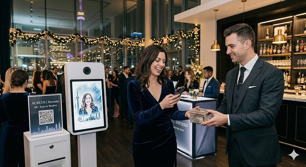 Guest interacting with a DMA-integrated AI photo booth at an AUREUS Toronto holiday brand activation, scanning a QR code and receiving a physical keepsake.