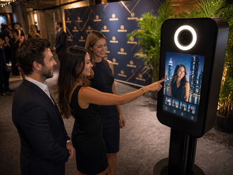 Guests using AI photo booth at corporate gala, activations page by DMA Events.