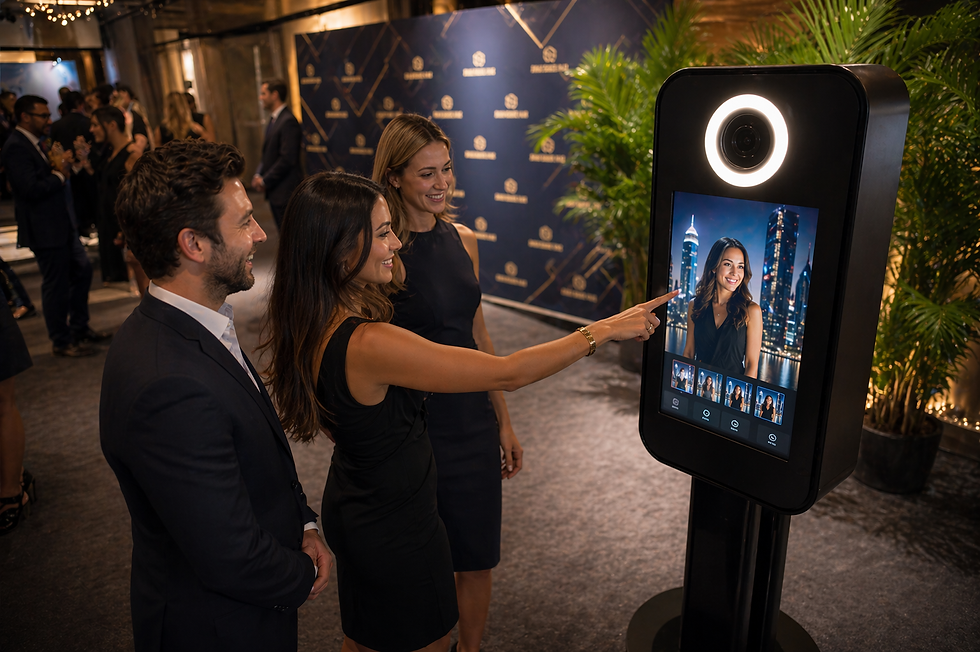 Guests using AI photo booth at corporate gala, activations page by DMA Events.