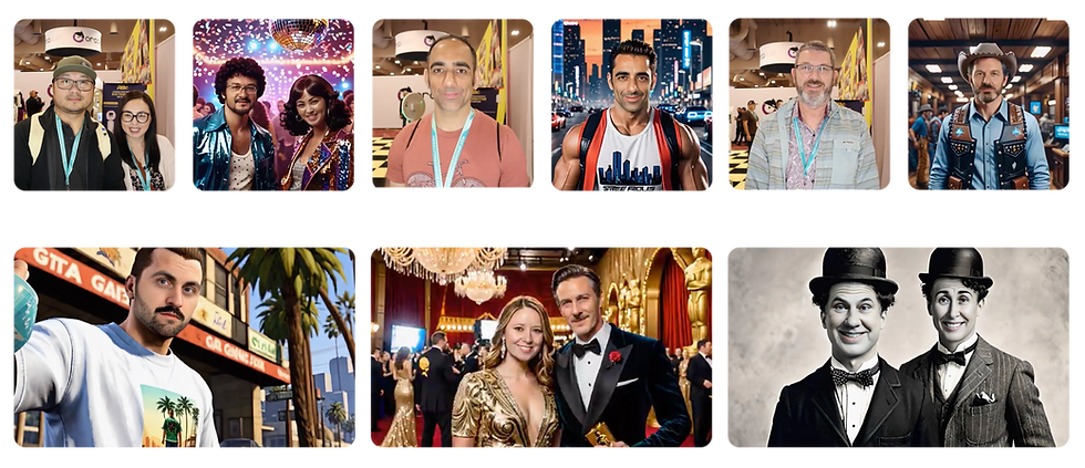 People in various settings: a couple at a disco, individuals at an event, a man in a video game setting, a couple on a red carpet, and a vintage duo.