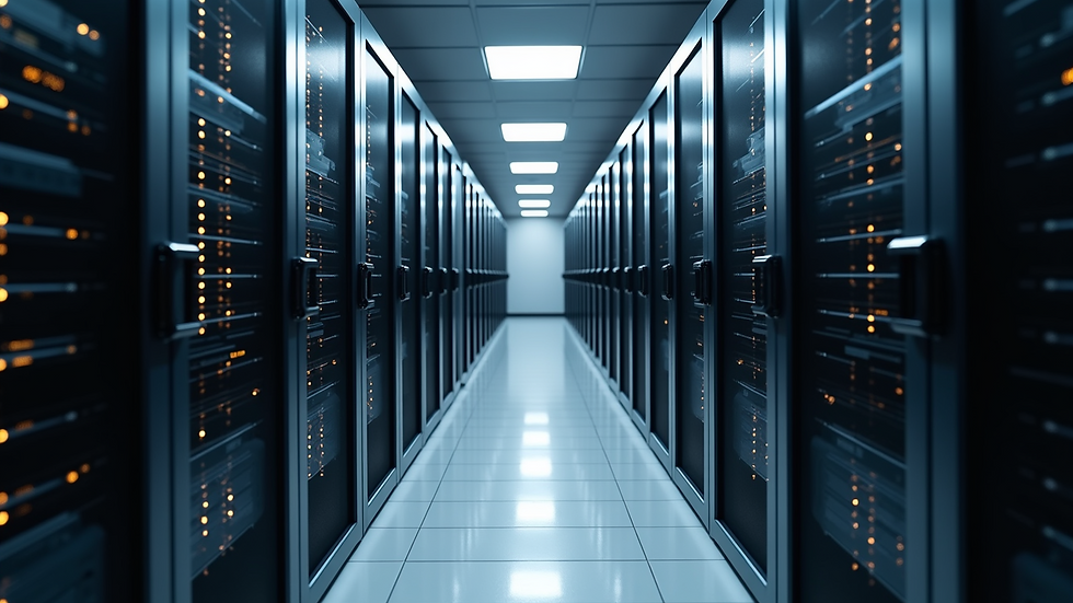 High angle view of server room with racks of servers