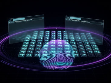 Dark neon cybersecurity illustration of browser windows linked through a glowing IndexedDB fingerprint grid, representing the Firefox and Tor Browser cross-origin correlation flaw CVE-2026-6770