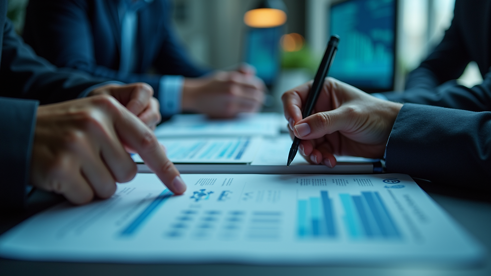 Close-up view of a cybersecurity team collaborating over risk assessment reports