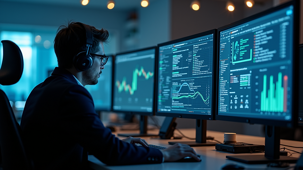 Eye-level view of a cybersecurity analyst monitoring network activity on multiple screens