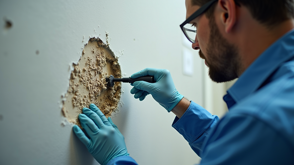 Eye-level view of a professional technician inspecting mold on a wall