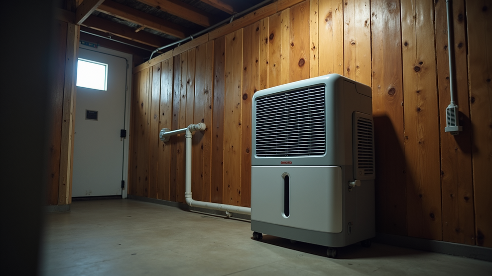 High angle view of a dehumidifier operating in a basement