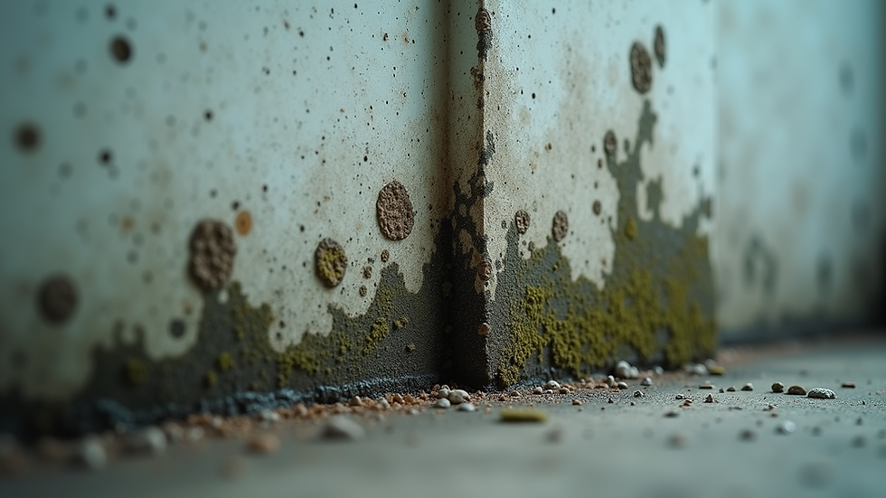 Close-up view of mold growth on a damp wall corner