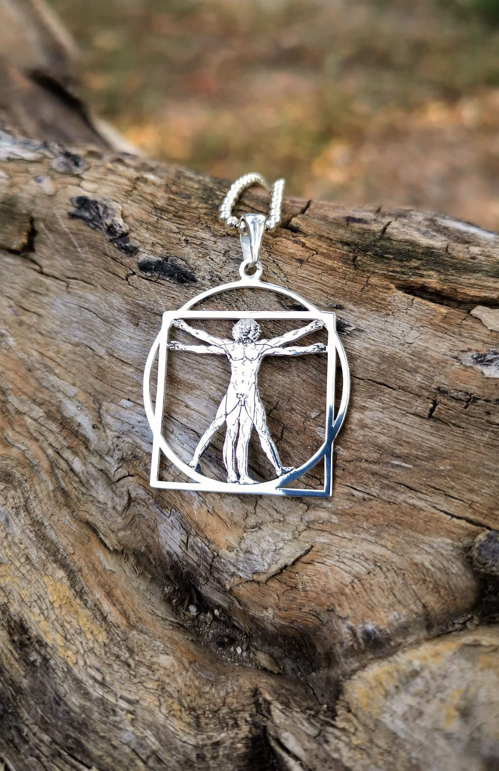 Silver medallion necklace with The Vitruvian by Leonardo DaVinci. Handmade shiny jewelry