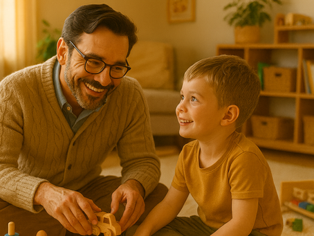 A teacher and child share a warm moment on a rug, playing with toys in a cozy early learning space.