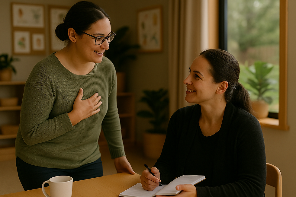 Two early childhood educators sharing a warm, reflective moment in a softly lit, natural classroom setting. One teacher stands with a hand on her heart, speaking genuinely, while the other sits with a notebook, smiling and listening attentively. The environment reflects mentorship, trust, and authentic leadership