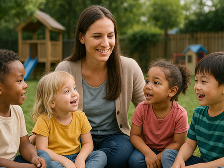 A calm, smiling early childhood teacher sits on the grass outdoors with a diverse group of preschoolers, all engaged in animated conversation.