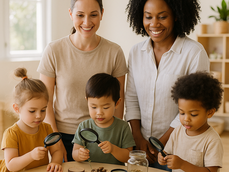 Curiosity in action — teachers and children exploring nature’s treasures together.