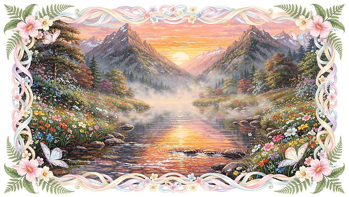 flux-pro-2.0_Two_mountains_with_a_flowered_forest_meet_at_sunset_with_a_mountain_stream_in
