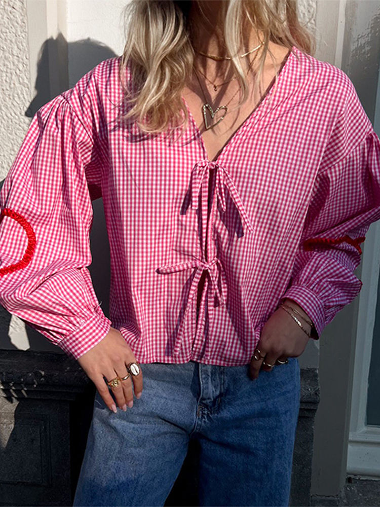 Thumbnail: Plaid Heart Print Bow Lace Up Shirt