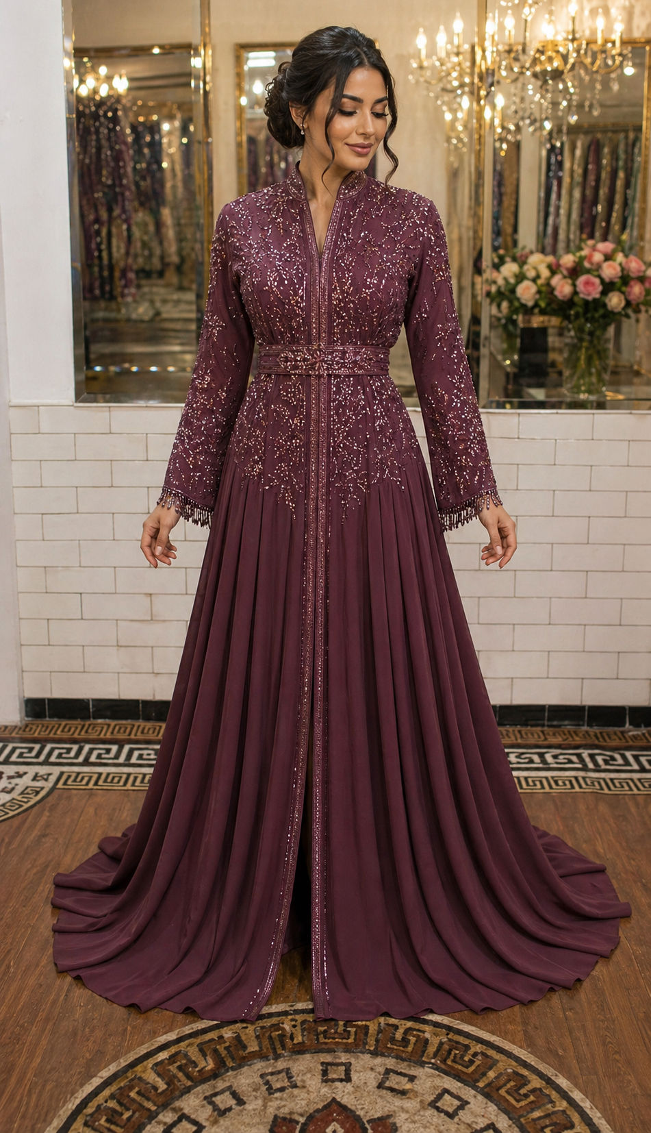 Caftan marocain en cristaux luxe crepe de soie