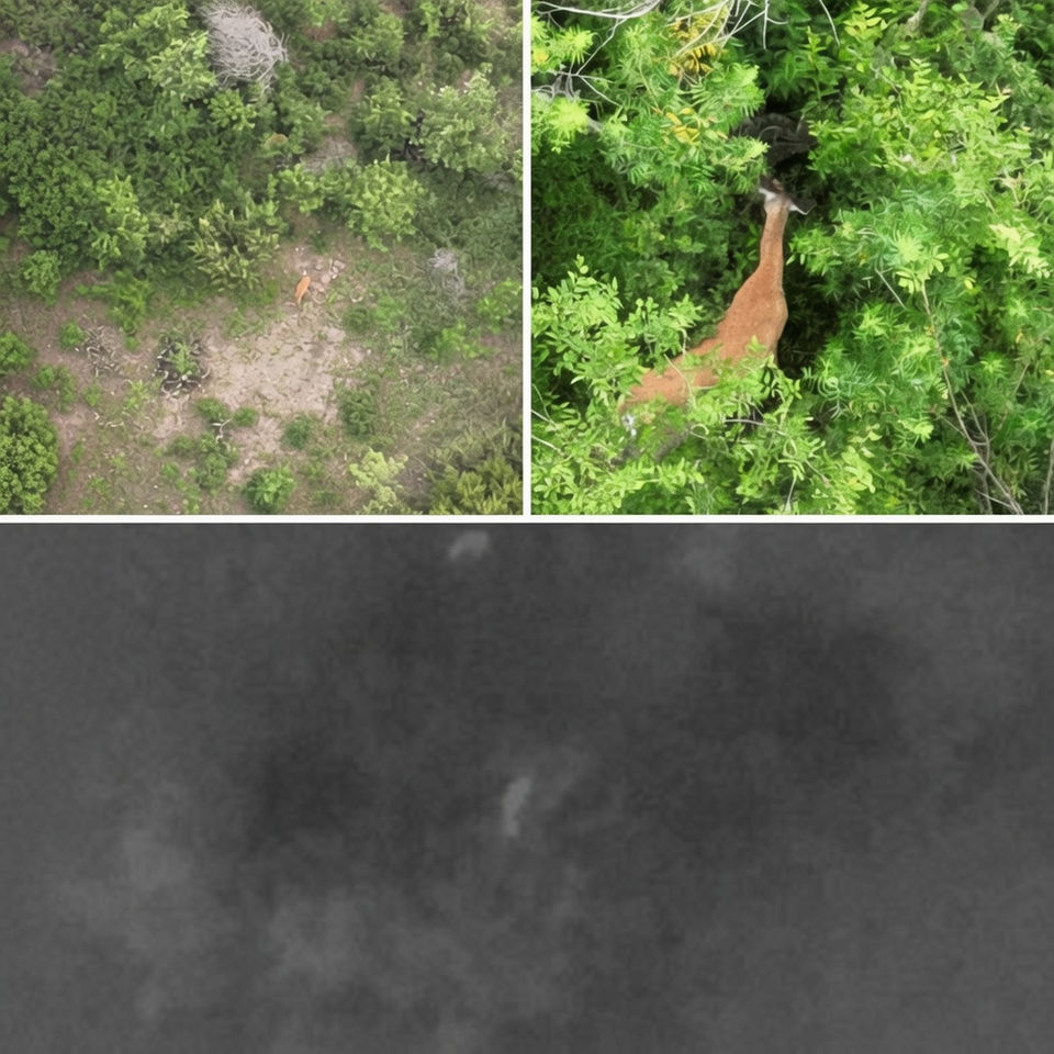 Split screen comparison of thermal drone image versus regular visible camera showing a deer hidden in brush on a North Texas property