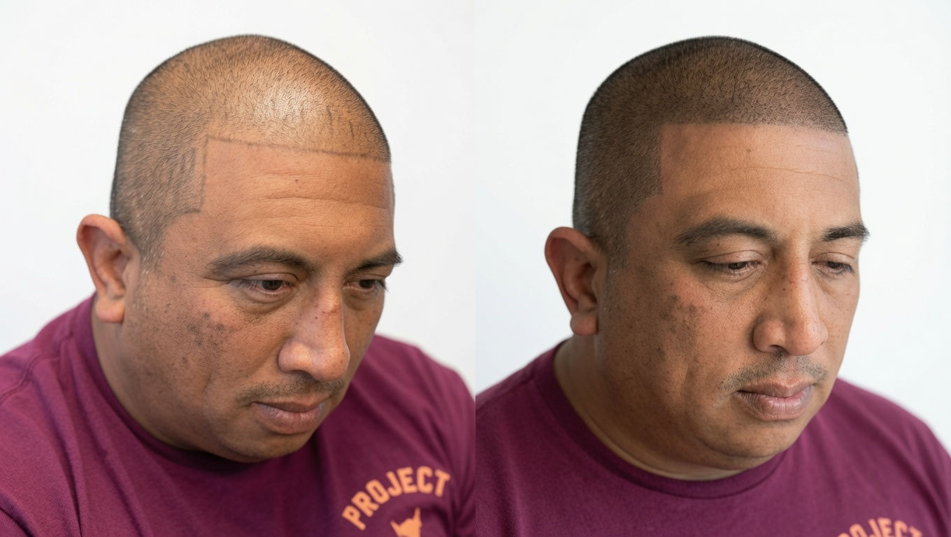 Before and after front-facing view of a man receiving scalp micropigmentation hairline restoration at San Clemente SMP.