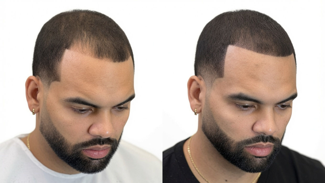 Before and after side profile of a man with a gold chain showing scalp micropigmentation hairline restoration.