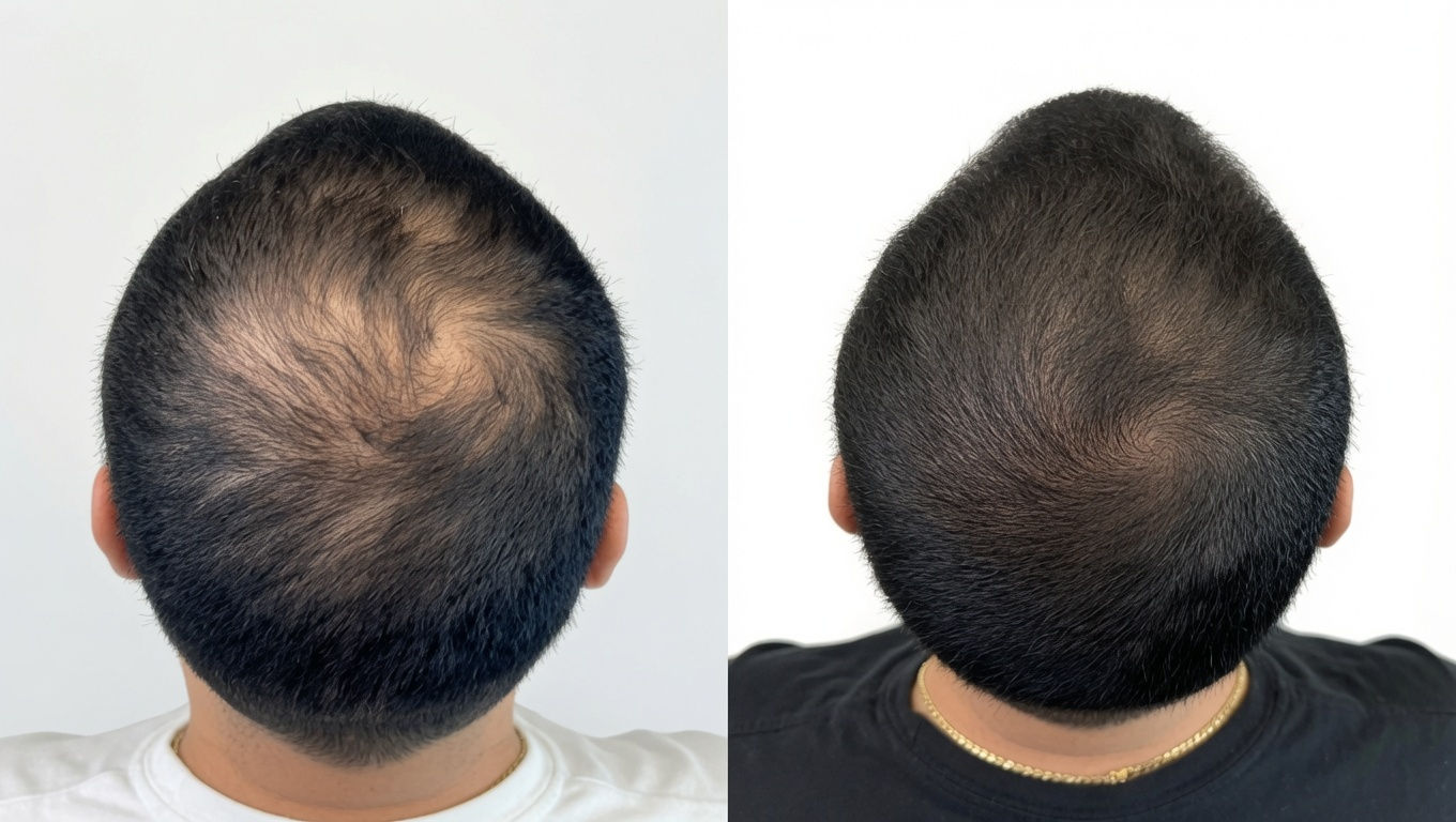 Before and after top-down view of male pattern baldness crown thinning treated with scalp micropigmentation at San Clemente SMP.