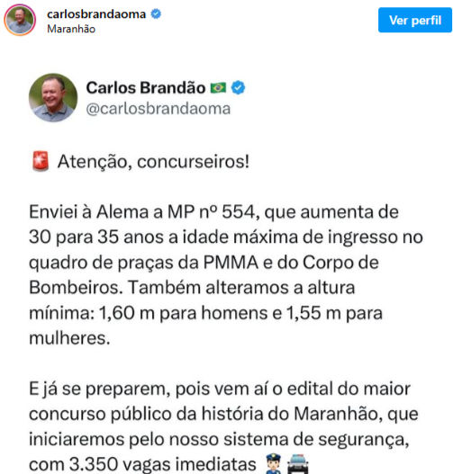 Reprodução rede social oficial governador Carlos Brandão