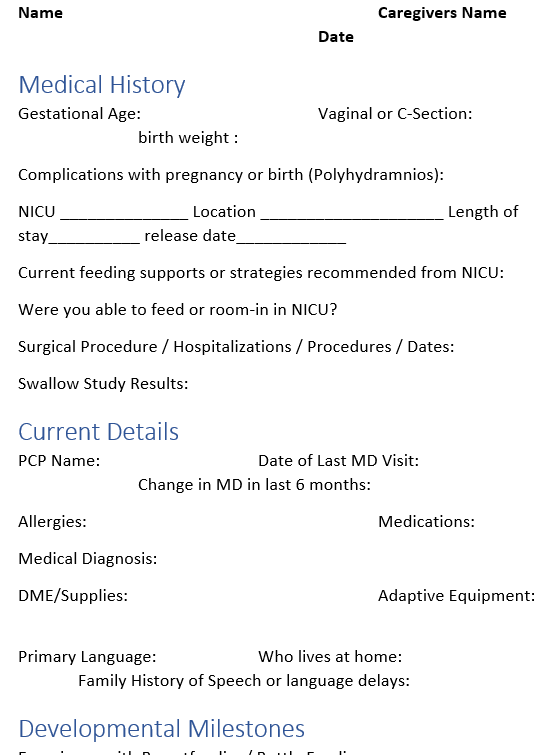 Intake questions for Infants