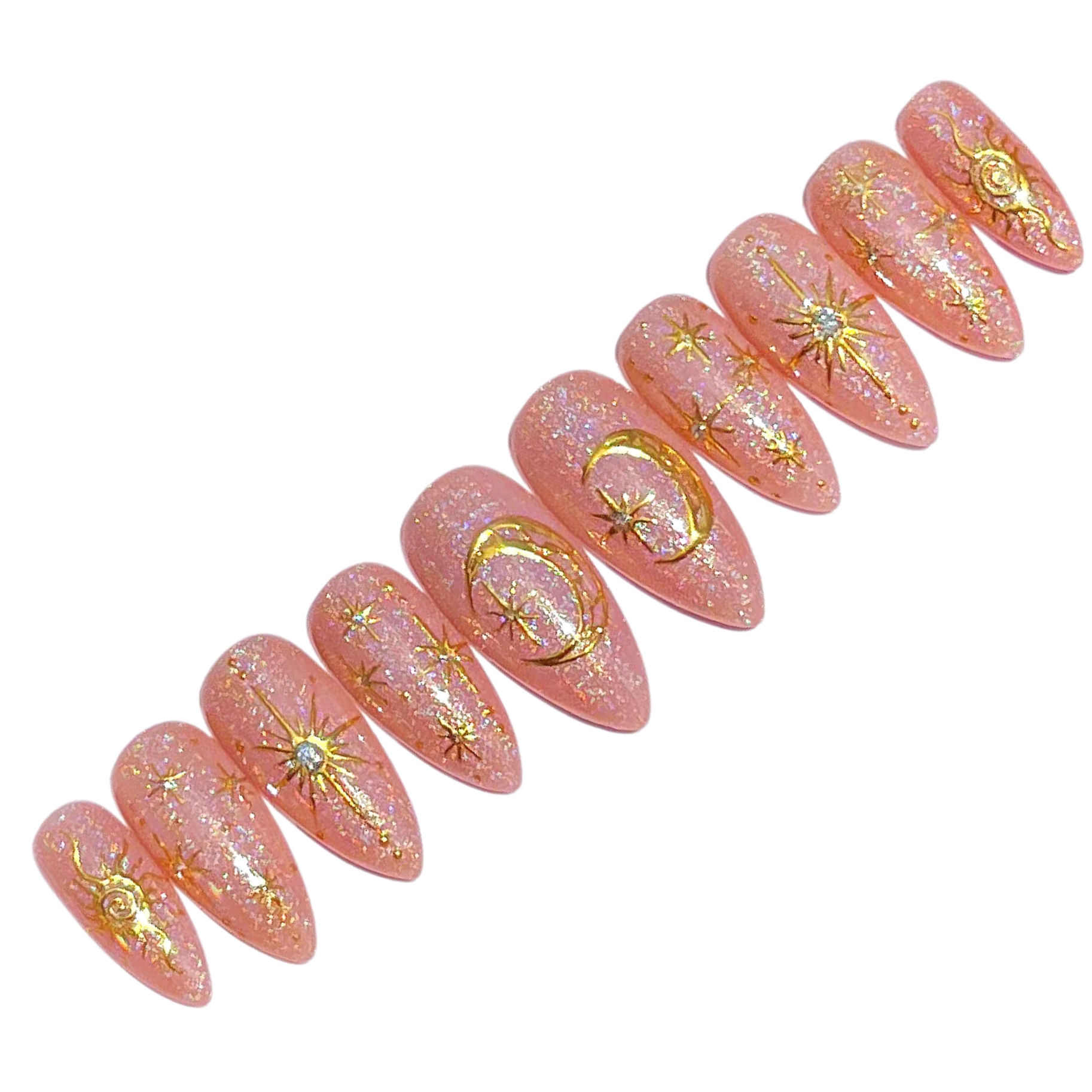 Glittery gold nude moon star mystical chrome handmade press on nails by The Holy Nail