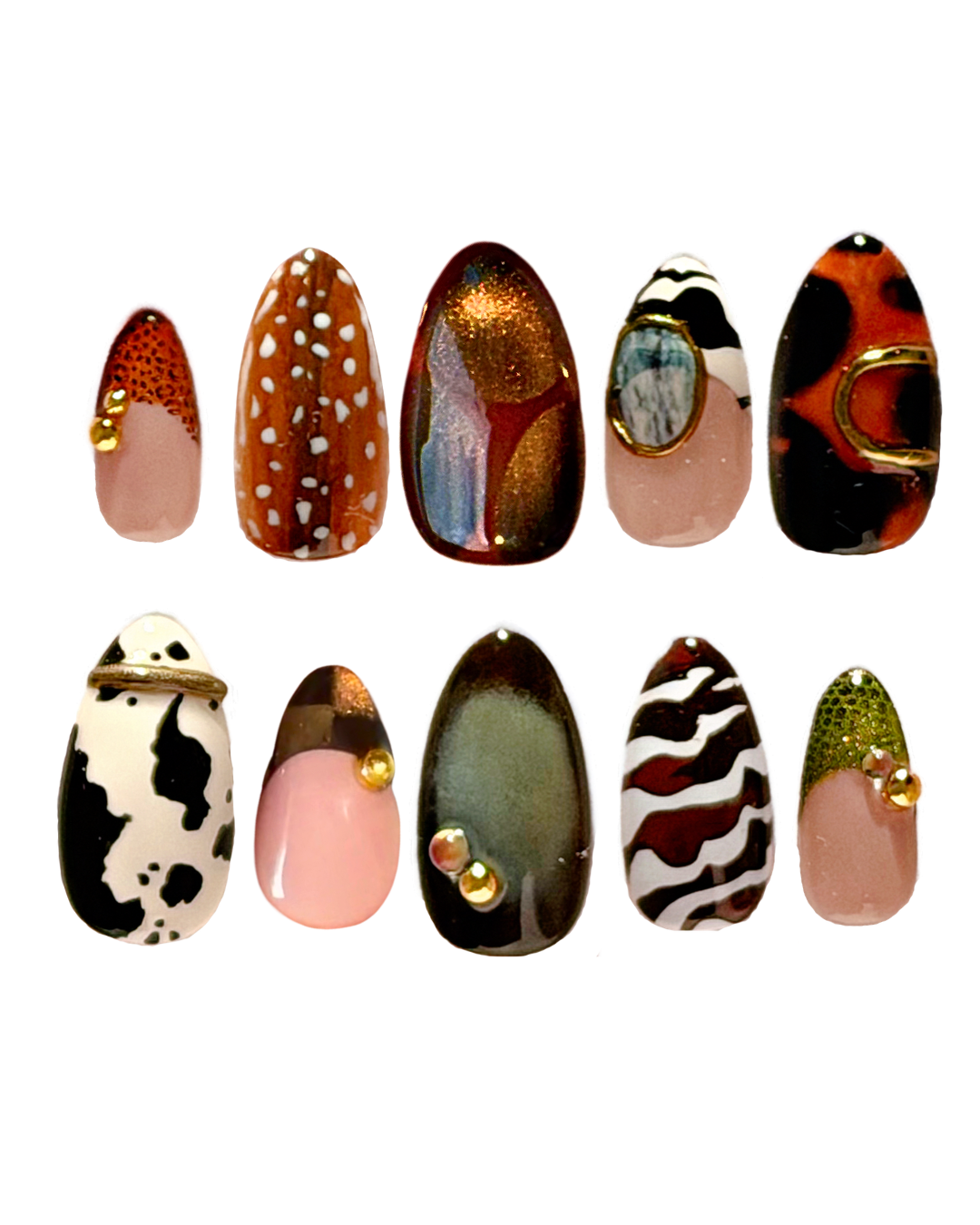 Curated Safari, tortoise shell, zebra, deer, cow, cheetah, leopard, aura, croc, checkerboard mixed autumn animal print nails