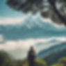 A traveller with a backpack overlooking the himalayas. Tall green trees and huge mountains