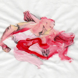 Pintura abstracta de figuras humanas en tonos rosados y rojos