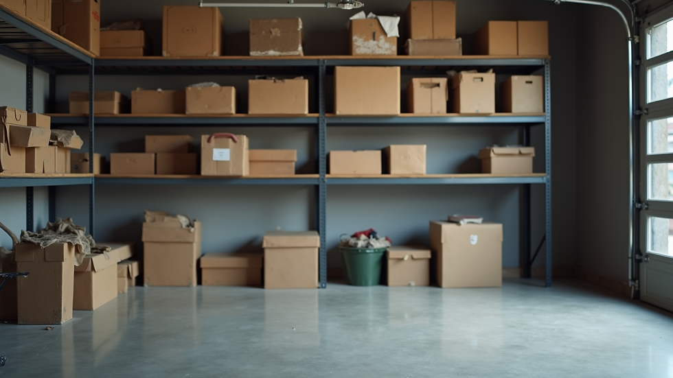 Close-up view of a clean garage with empty shelves after junk removal