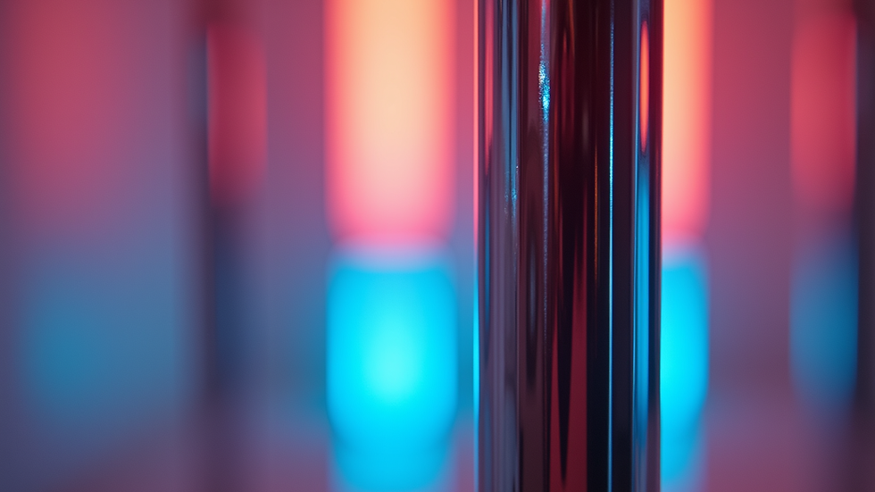 Close-up view of a shiny chrome pole in a studio with colourful lighting