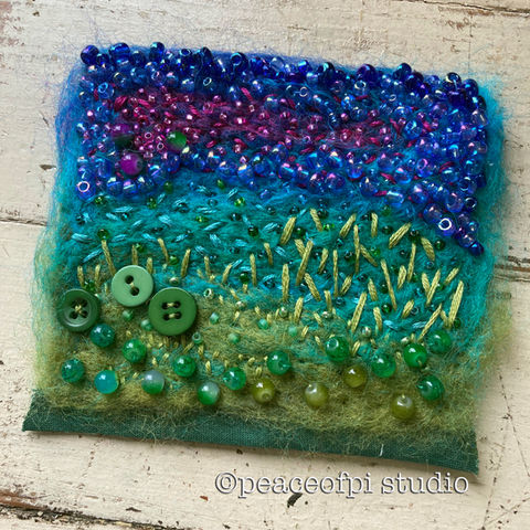 Frog Pond square artwork that is hand Stitched, Felted, and Beaded