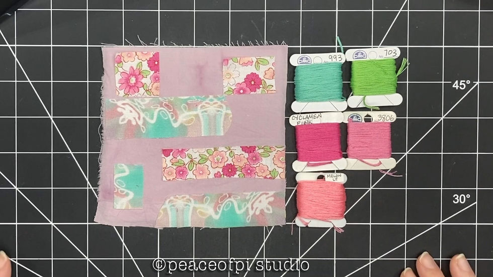 a collage of fabrics in pink florals beside spools of embroidery floss in turquoise, green and pink