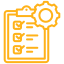 Orange settings icon overlaid on a checklist, representing configuration and task management.