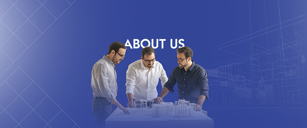 Three people looking at a model, the text reads ABOUT US ABOUT architecture.