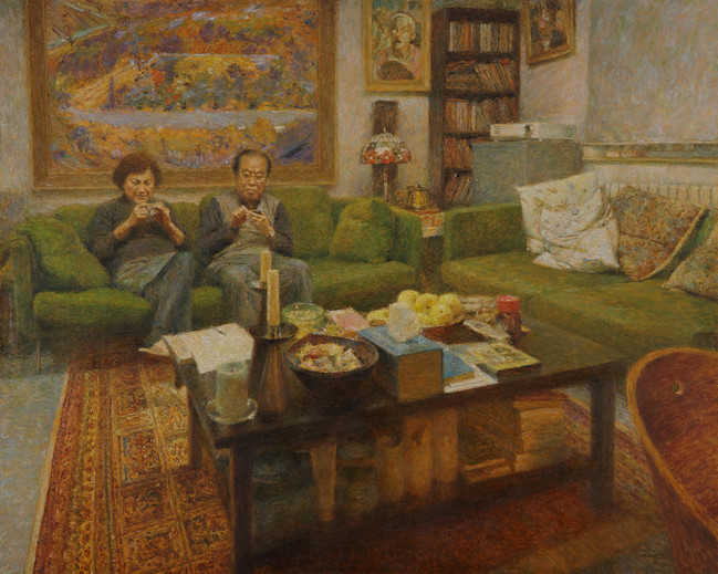 Senior couple finding with camera and cellphone 摆弄相机和手机的老两口 150x120cm 2015