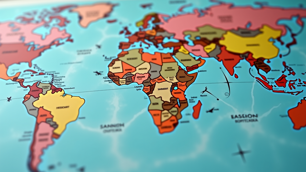 Close-up view of a world map with marked international business locations