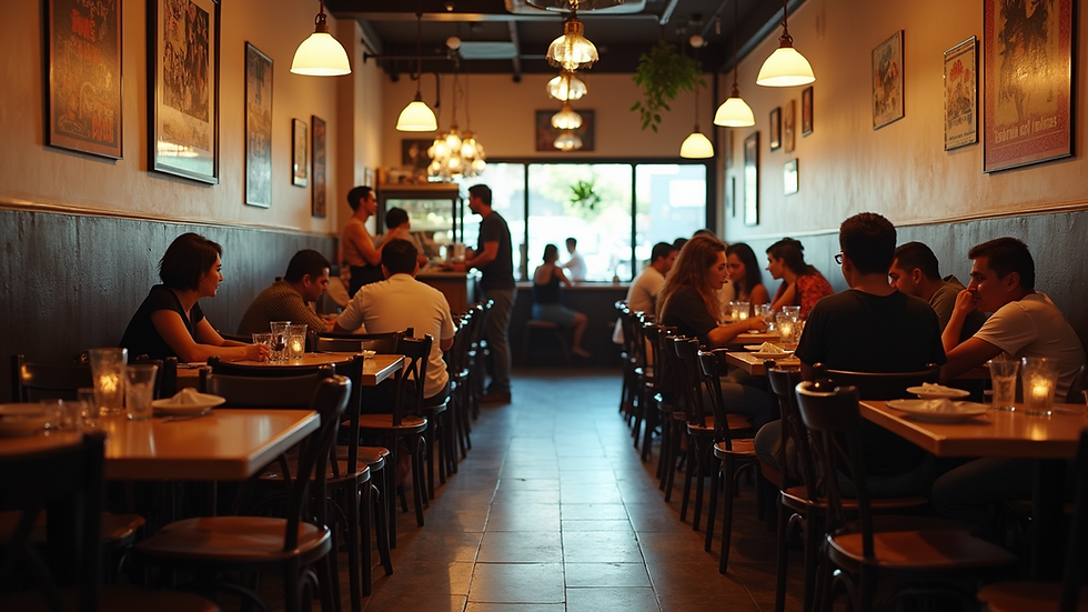 Eye-level view of a busy Latino-owned restaurant with customers dining