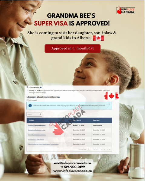 Elderly woman and young girl smile at each other. Text announces "Super Visa" approval for visiting family in Alberta. Canadian flag icons.