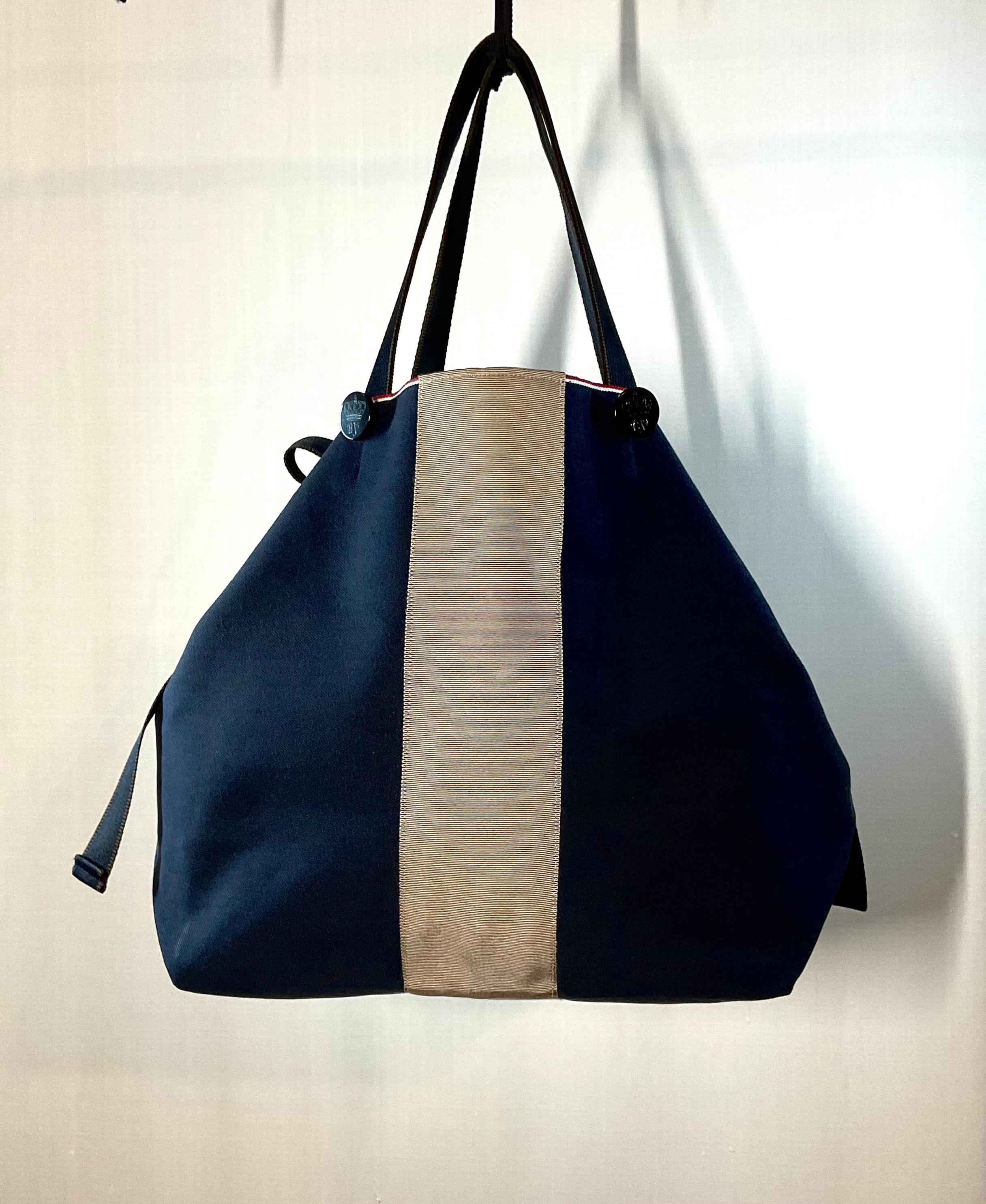 Japanese solid denim tote bag/ beige tape
