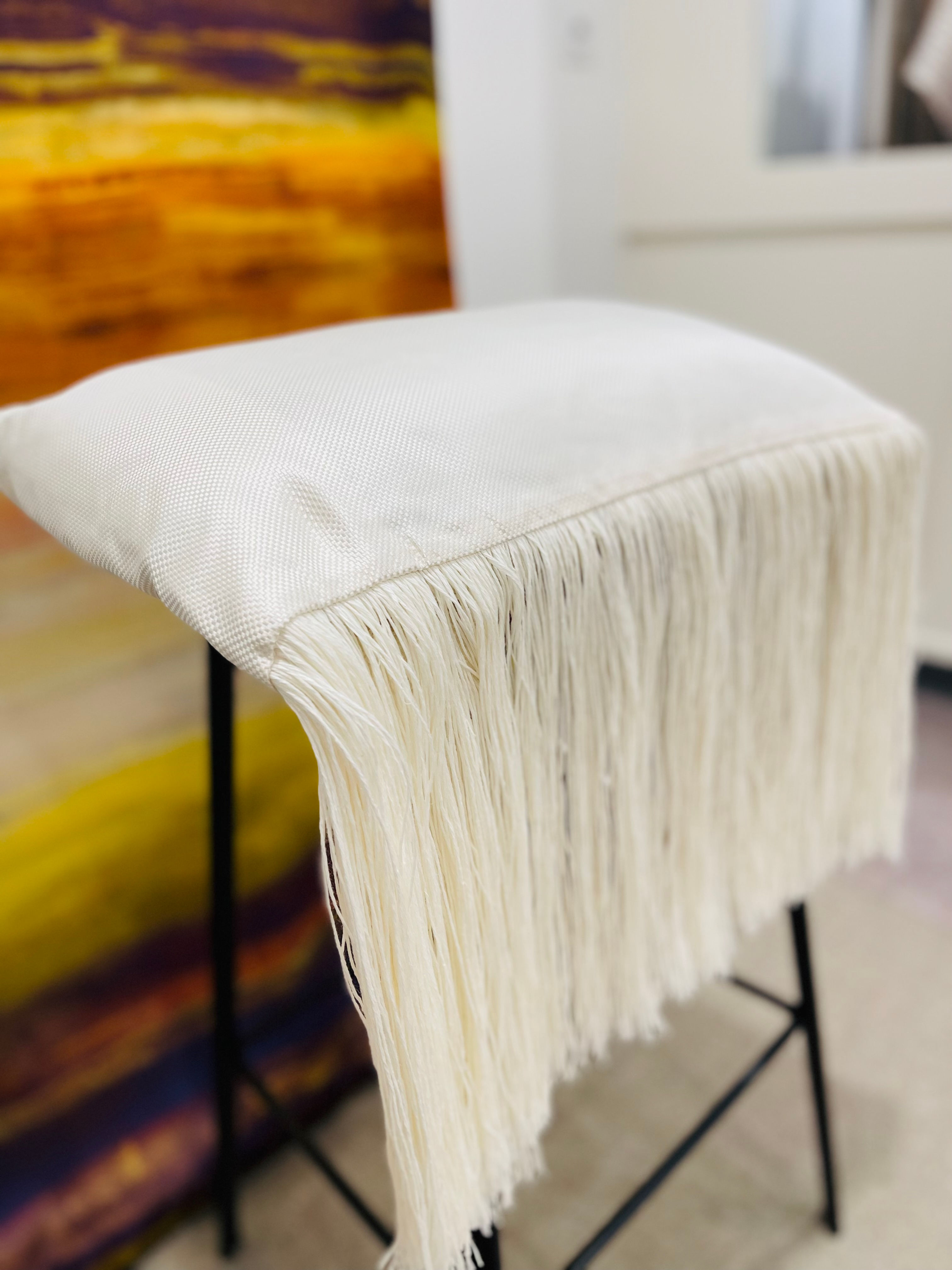 Ivory silk piqué linen franges cushion