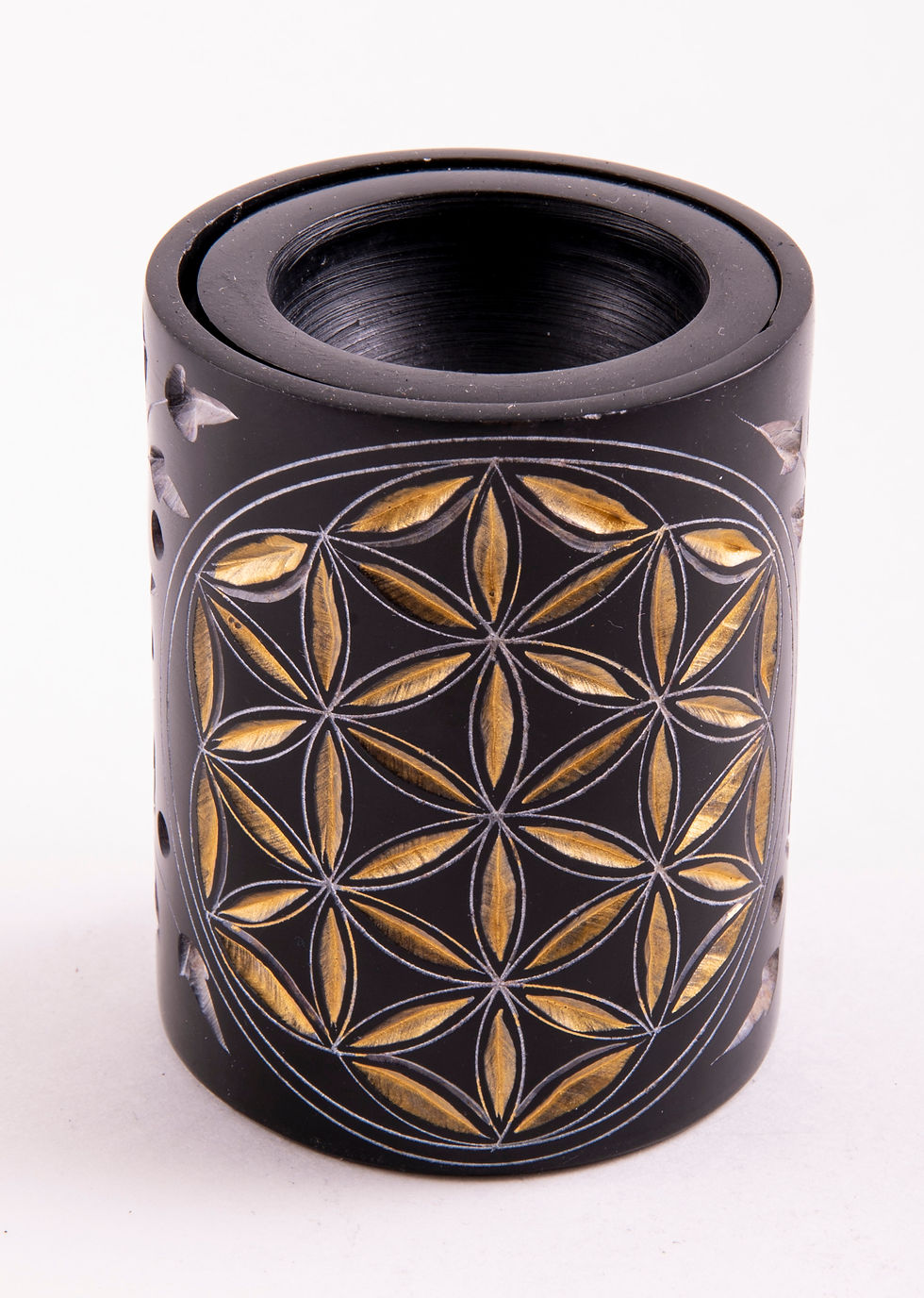Aromalampe Zylinder Blume des Lebens, schwarz - gold Speckstein