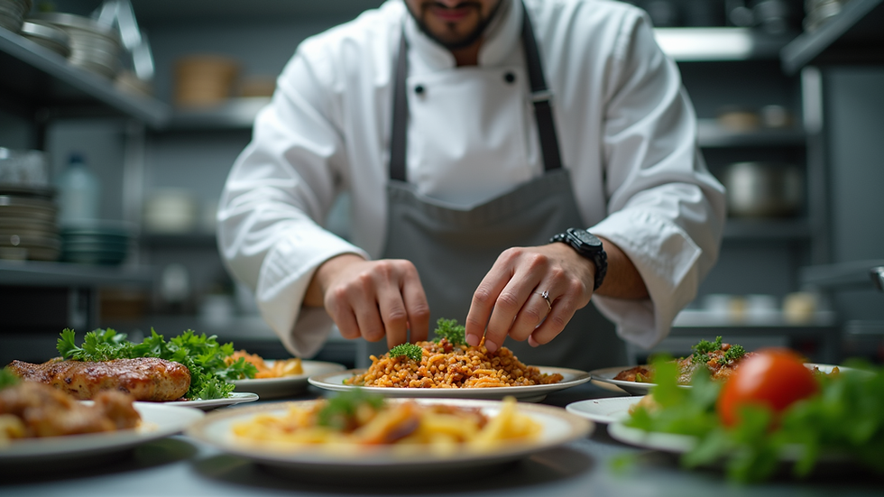 Close-up view of a chef preparing halal dishes in a professional kitchen
