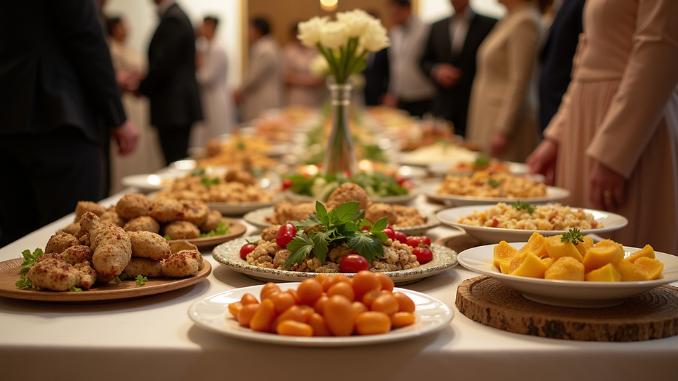 Eye-level view of a beautifully arranged halal wedding buffet table