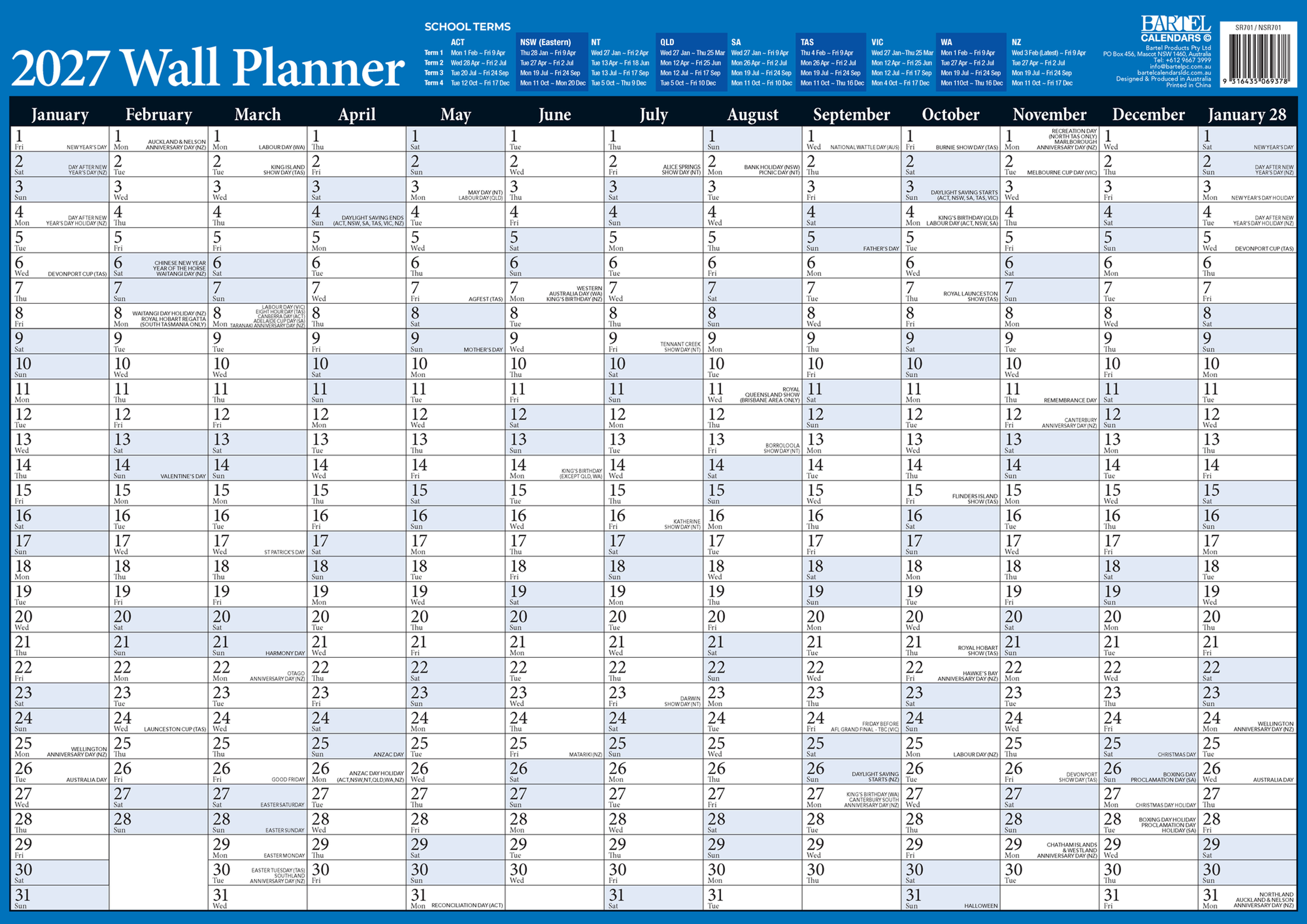 Wall Planner 2027 A2 Blue World Flags - SR701 - image 1