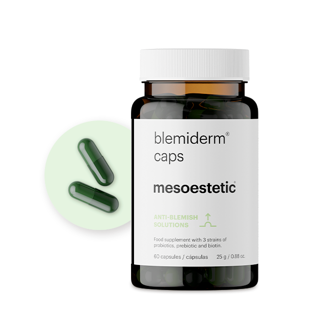 Thumbnail: Blemiderm caps mesoestetic medicine bottle Anti-Blemish Solutions, with two green capsules