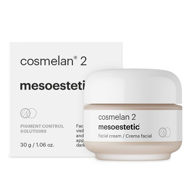 Thumbnail: Cosmelan 2 mesoestetic facial cream box and jar, pigment control solutions product.