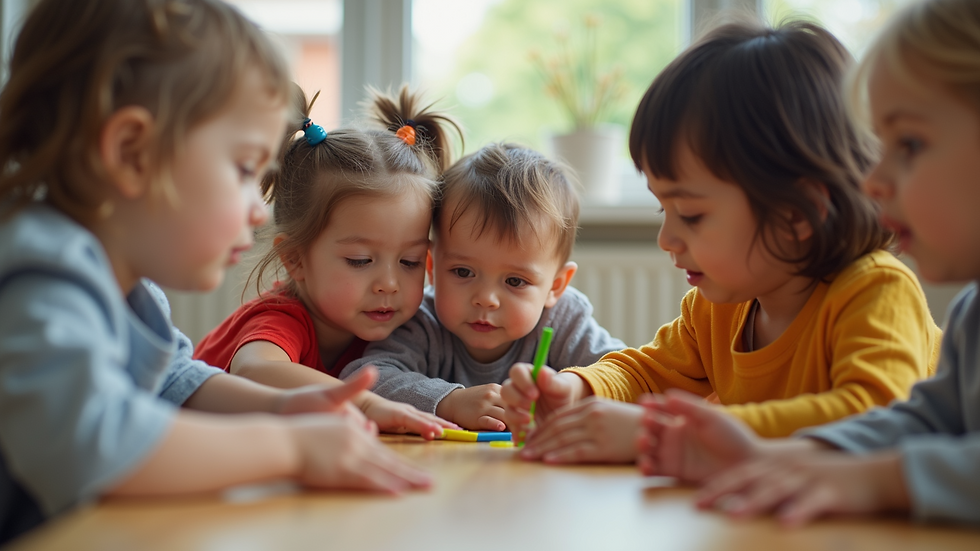 Eye-level view of a diverse group of children playing together in a childcare setting
