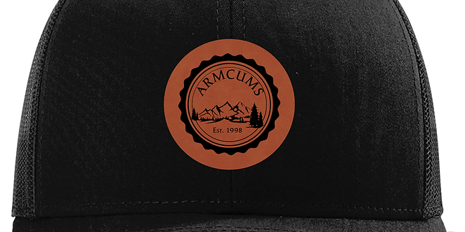 armcums black trucker hat with leather logo